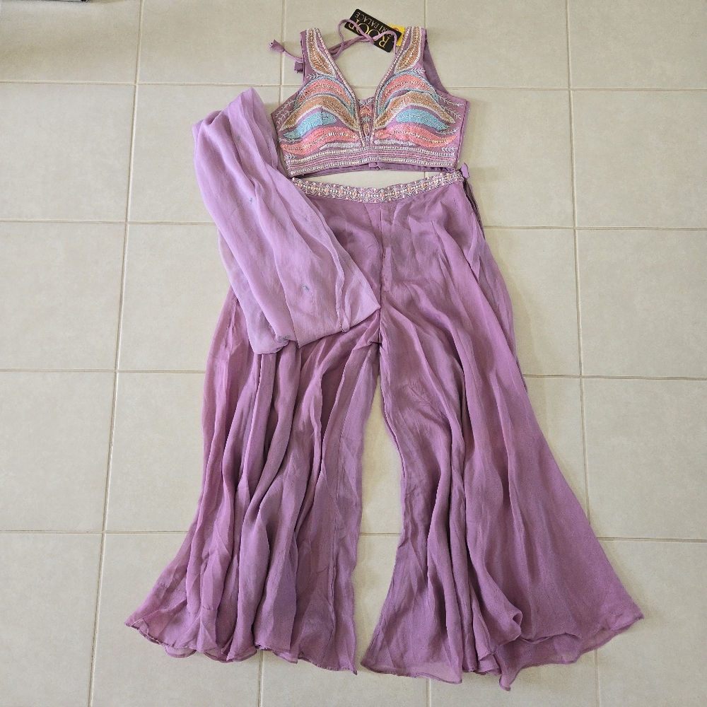 NEW 3 Pc Lilac Purple L 38 Sharara Crop Top Palazzo Pant set Embellished